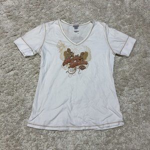 Y2K Harley Davidson White T-Shirt Adult 1X USA Made Wisconsin Wings Flowers